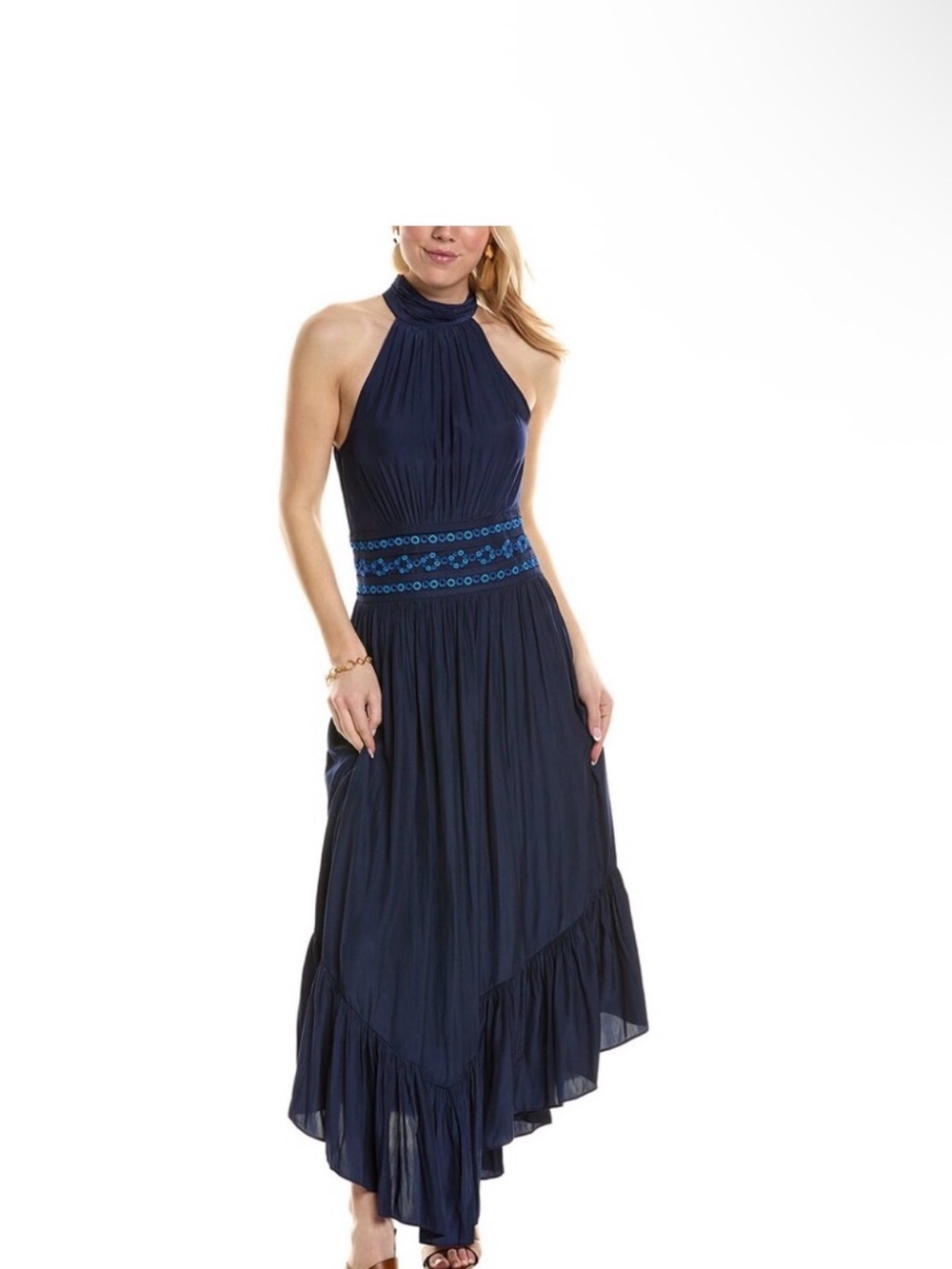 Ramy Brook Navy Halter High-Low Dress with Blue Embroidered Waistband